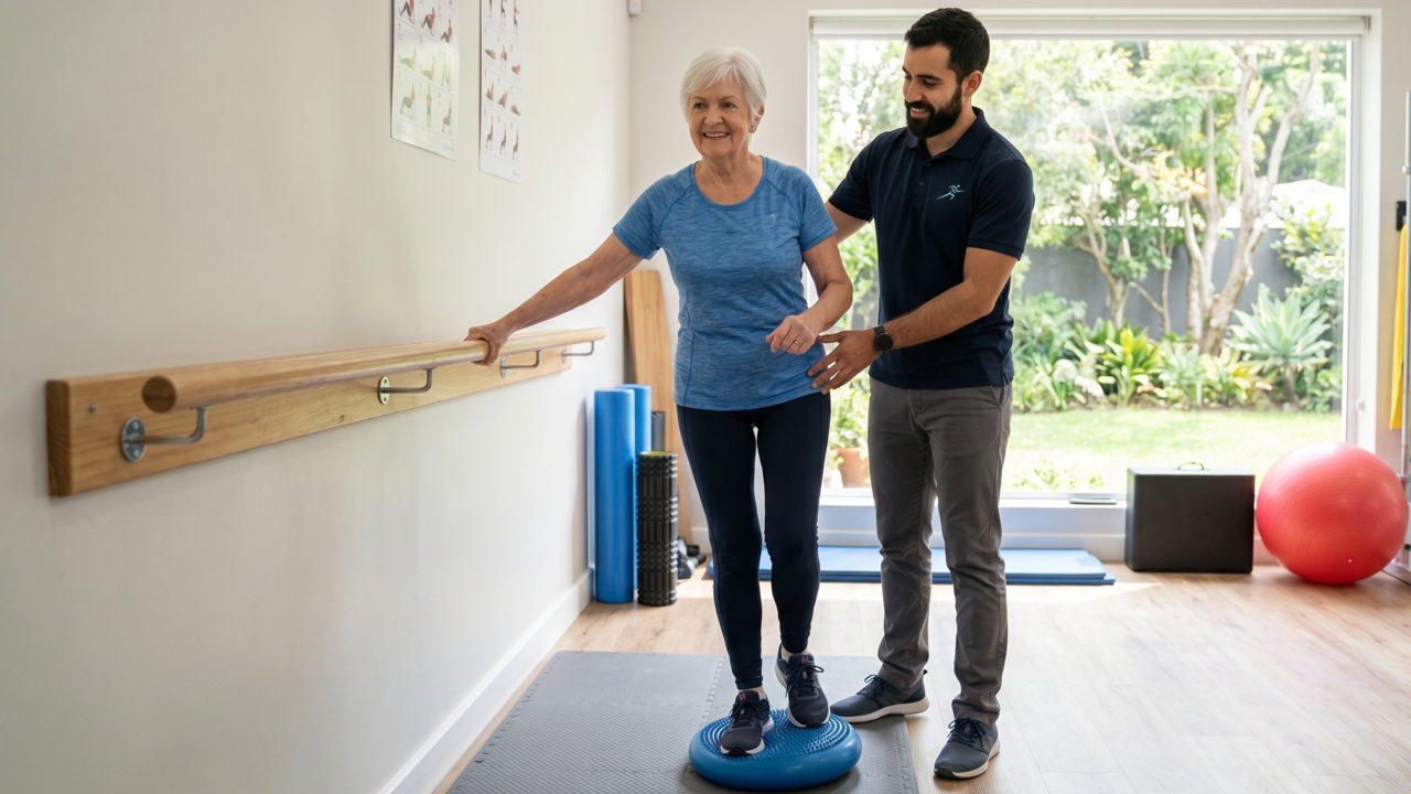 Fisioterapeutas recomendam: a partir dos 55 anos é importante treinar o equilíbrio diariamente, usar apoio em casa, evitar quedas e fortalecer tornozelos