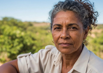 Retrato em close de mulher madura com cabelos grisalhos cacheados, vestindo camisa clara, em cenário rural ensolarado com vegetação desfocada ao fundo.