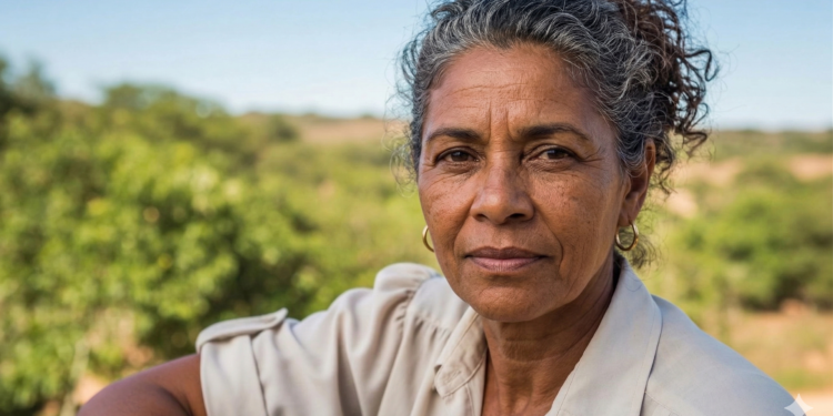 Retrato em close de mulher madura com cabelos grisalhos cacheados, vestindo camisa clara, em cenário rural ensolarado com vegetação desfocada ao fundo.
