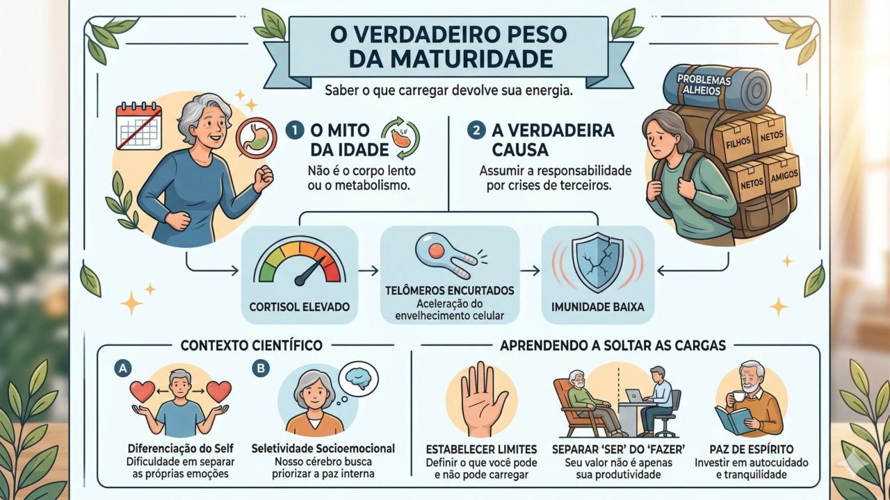 Infográfico ilustrativo em português sobre o cansaço emocional na maturidade. O gráfico compara o mito da idade com a verdadeira causa (carregar problemas alheios), mostrando o fluxo de consequências biológicas como cortisol alto e baixa imunidade. Na base, apresenta o contexto científico e soluções práticas como estabelecer limites, separar o 'ser' do 'fazer' e priorizar a paz de espírito. O estilo visual é limpo, com tons de azul e verde, e inclui ícones e textos curtos e fáceis de ler.