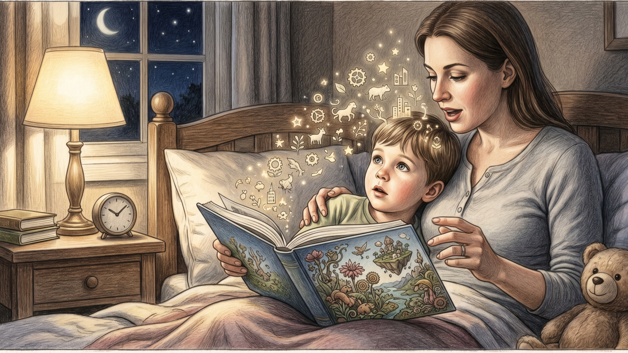 Estudos mostram que crianças que liam com os pais antes de dormir estavam ampliando mais rápido o vocabulário