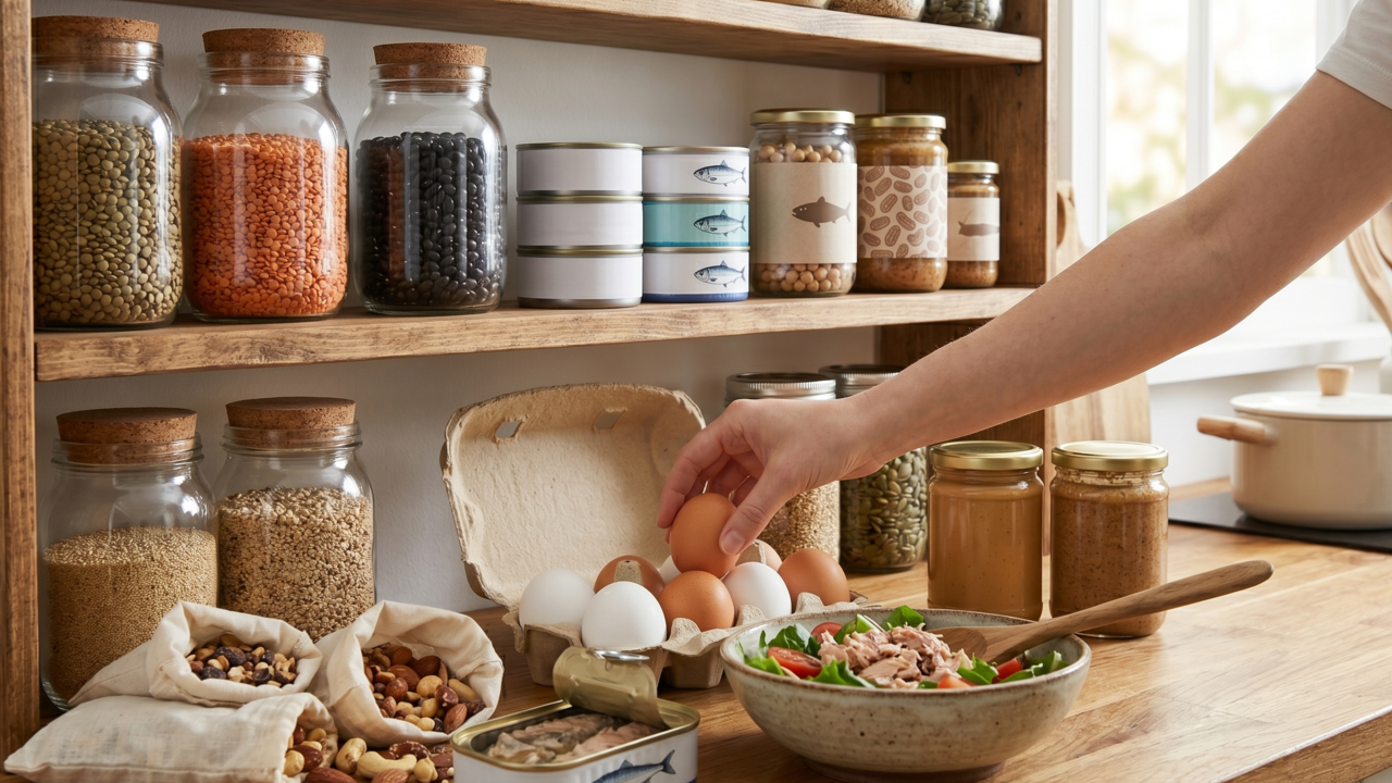 Fontes de proteína fáceis de guardar em casa para montar refeições que sustentam mais