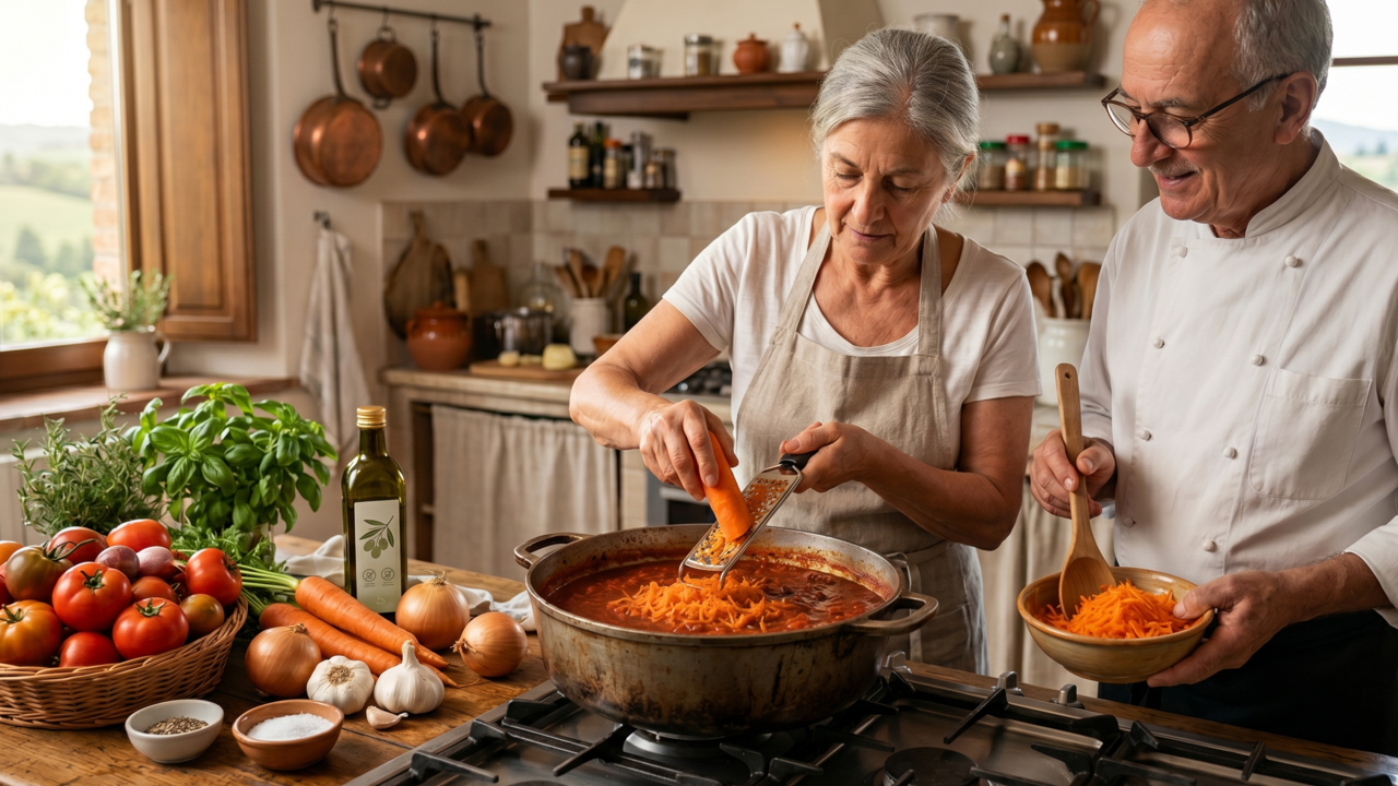 Chefs italianos revelam, para deixar o molho de tomate mais doce e equilibrado, o segredo é adicionar cenoura ralada no preparo