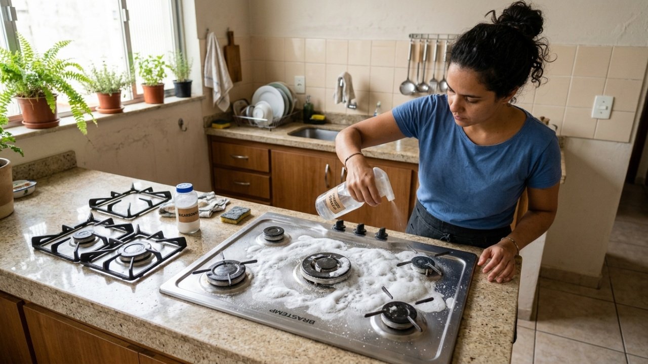 Limpeza de fogão com bicarbonato e vinagre