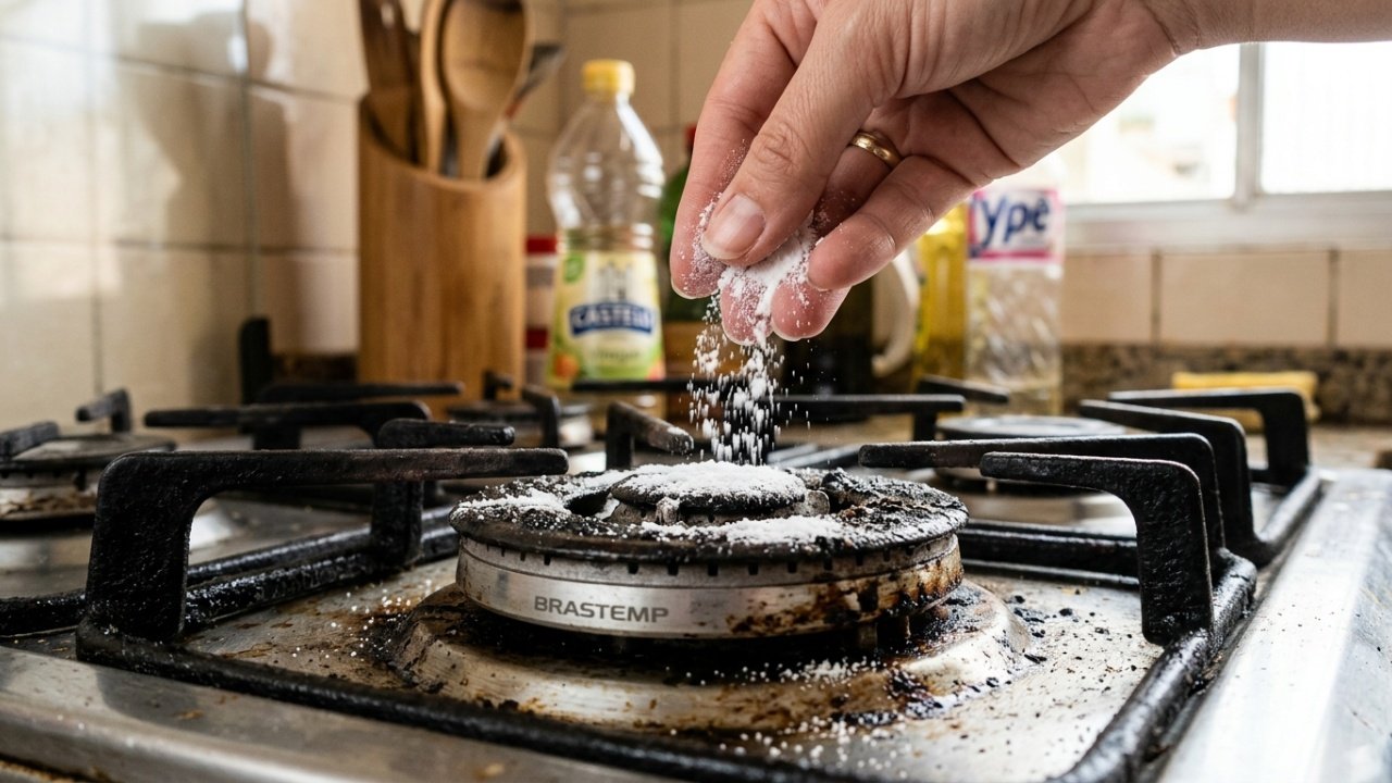 Limpeza de fogão com bicarbonato e vinagre