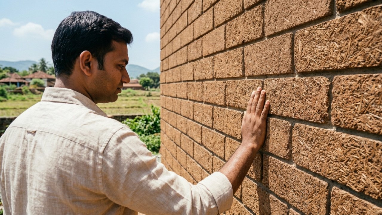Tijolos feitos de resíduos agrícolas na Índia