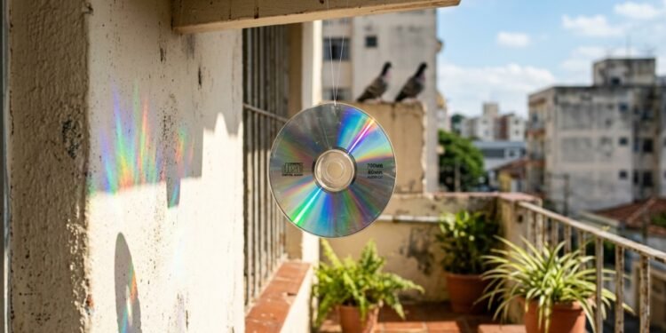 Explicar a função prática de pendurar CDs na varanda