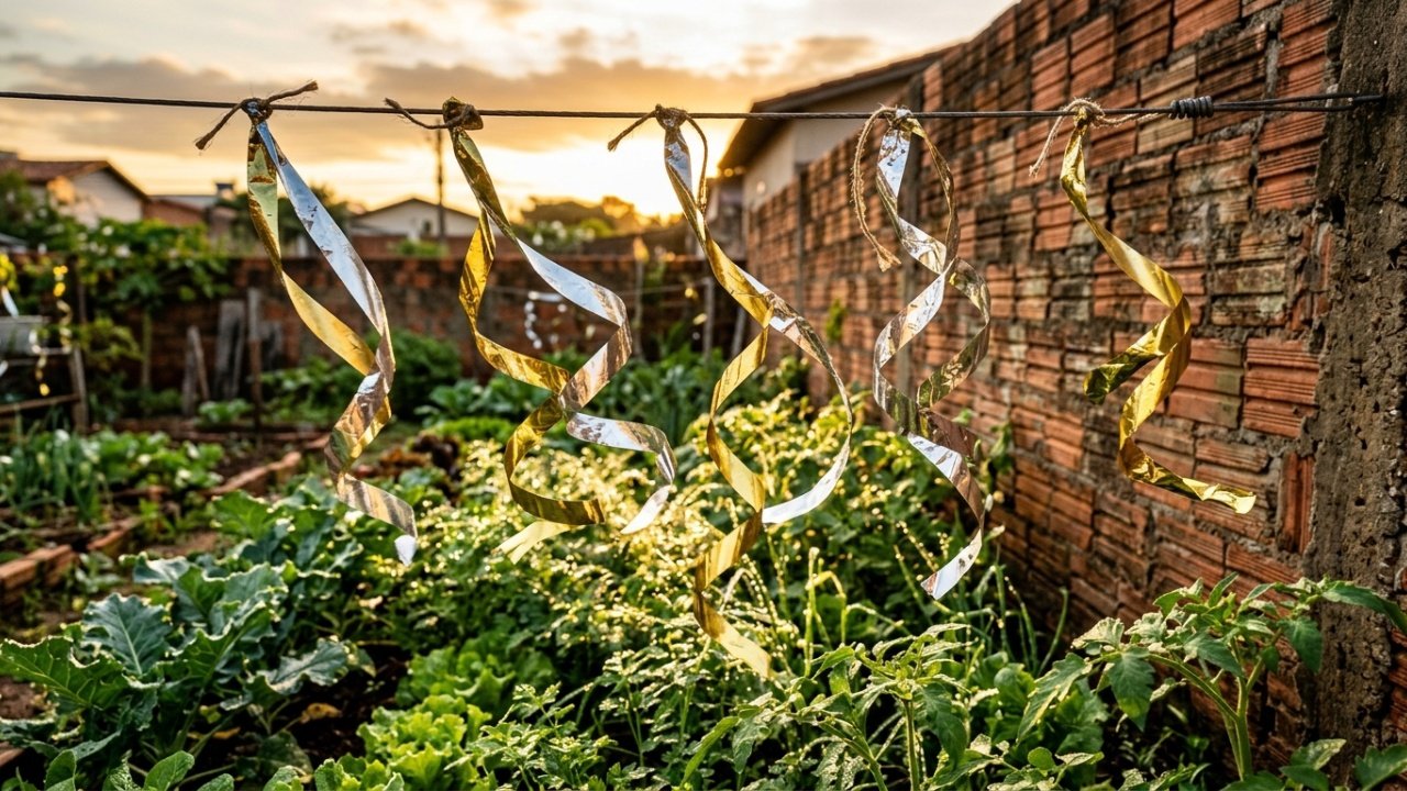 Como sacolas brilhantes funcionam como repelente visual em hortas, detalhando o mecanismo óptico