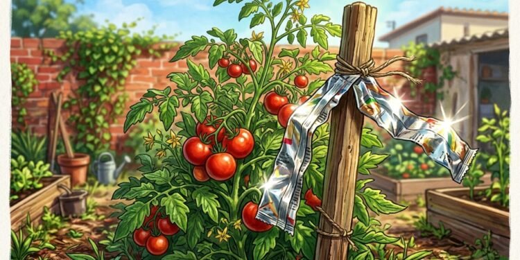 Como sacolas brilhantes funcionam como repelente visual em hortas, detalhando o mecanismo óptico