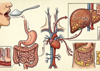 A relação fisiológica direta entre o metabolismo de carboidratos simples, a esteatose hepática e o aumento do tecido adiposo visceral.