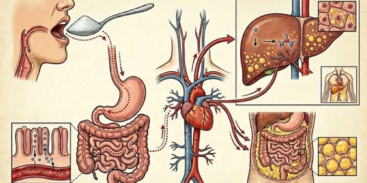 A relação fisiológica direta entre o metabolismo de carboidratos simples, a esteatose hepática e o aumento do tecido adiposo visceral.
