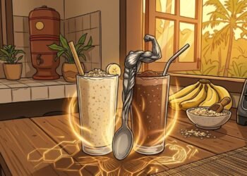Duas receitas caseiras de vitaminas que auxiliam na manutenção da força muscular, explicando o papel dos nutrientes envolvidos