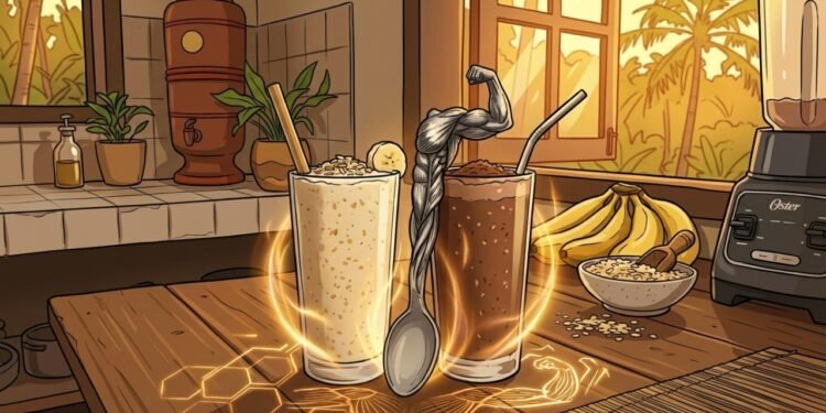 Duas receitas caseiras de vitaminas que auxiliam na manutenção da força muscular, explicando o papel dos nutrientes envolvidos