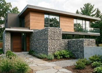 Por que arquitetos estão usando muros de gabião (pedras em gaiolas de arame) em casas modernas