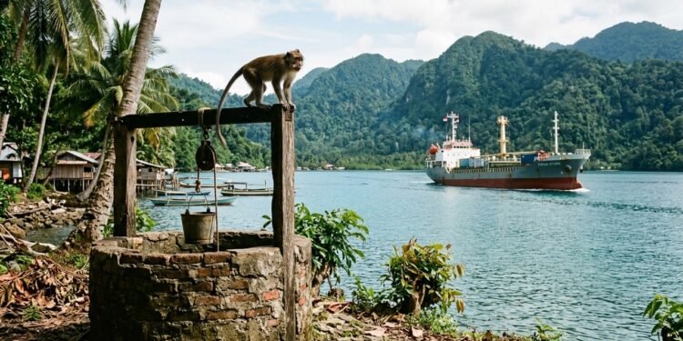 Um poço, um navio e um macaco deixados pelo Exército Japonês ao pé do Monte Mher, na Baía de Youtefa