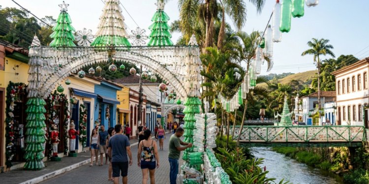 A “Cidade Natal”, com 6 milhões de garrafas PET recicladas, ganha forma de São Paulo em uma celebração sustentável de fim de ano.