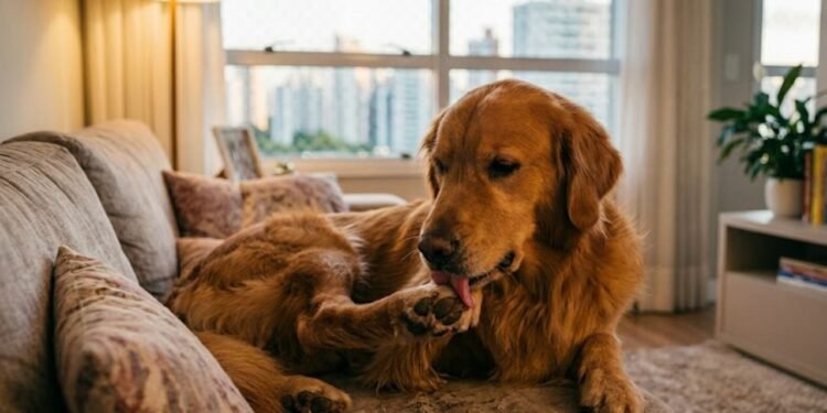Quando um cachorro ansioso começa a lamber as patas de forma compulsiva, ele pode estar buscando uma liberação de endorfina