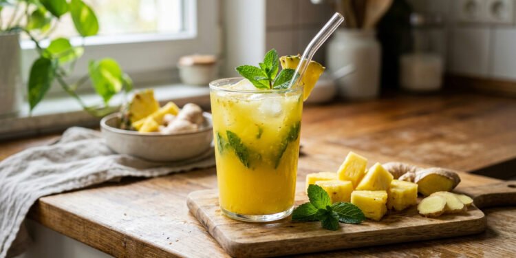 O suco digestivo de abacaxi com hortelã que ajuda a reduzir o inchaço abdominal e melhora o funcionamento intestinal