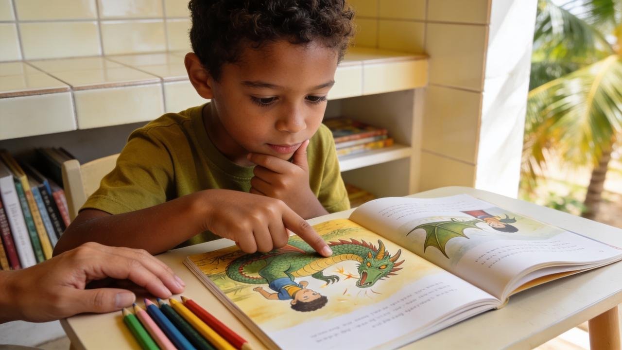 Conversas sobre personagens ajudam a criança a interpretar emoções e intenções.