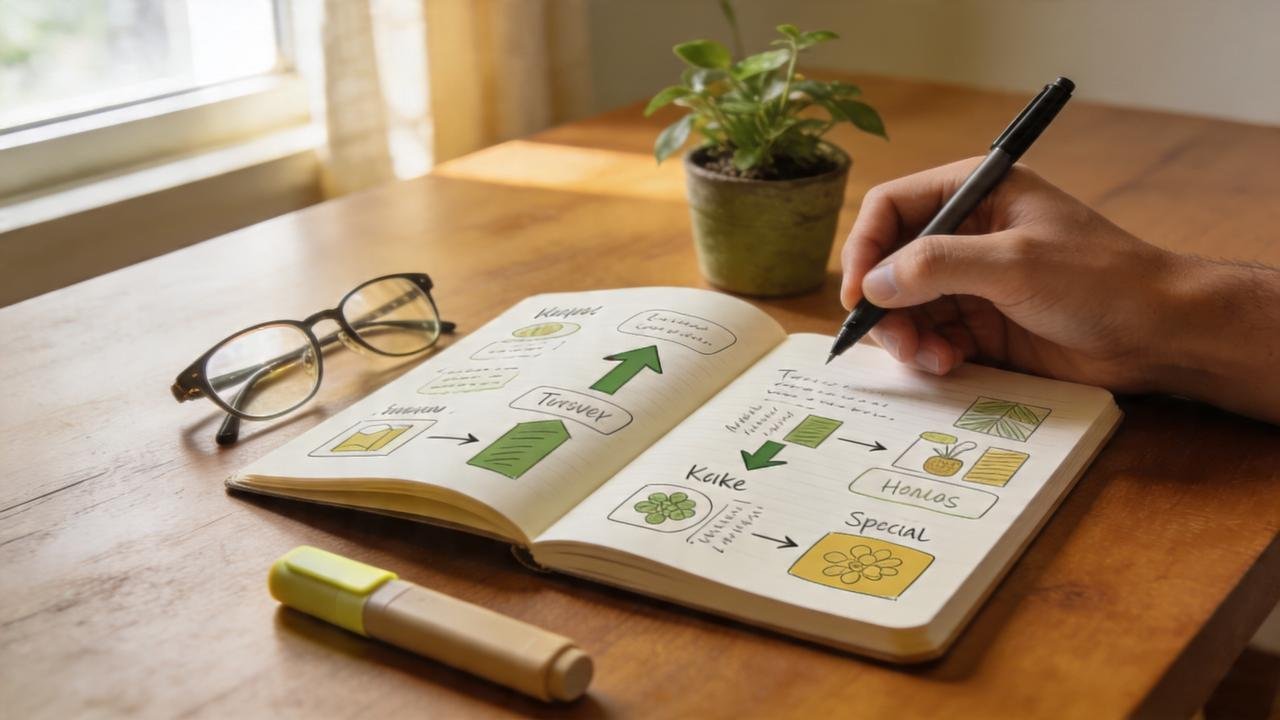 Anotações visuais no caderno ajudam na retenção cognitiva e revisão.