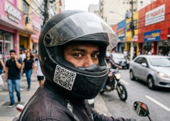 Motociclista no trânsito usando capacete preto com adesivo de QR Code na queixeira, ilustrando o novo selo digital do Inmetro para segurança.