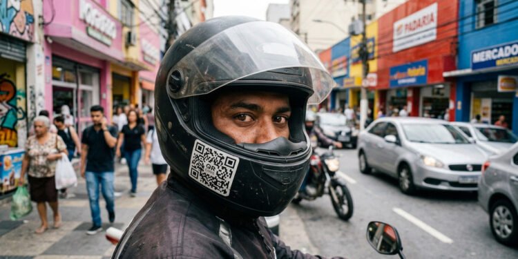 Motociclista no trânsito usando capacete preto com adesivo de QR Code na queixeira, ilustrando o novo selo digital do Inmetro para segurança.