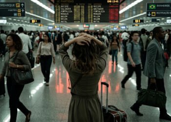 Turista frustrada no aeroporto do Recife diante do painel de voos cancelados para Fernando de Noronha — imagem gerada por IA