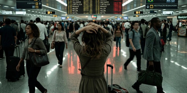Turista frustrada no aeroporto do Recife diante do painel de voos cancelados para Fernando de Noronha — imagem gerada por IA