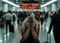 Mulher loira sentada no chão de um aeroporto lotado, com o rosto escondido entre as mãos em sinal de desespero ou cansaço. Ao fundo, passageiros caminham entre painéis de voos desfocados.