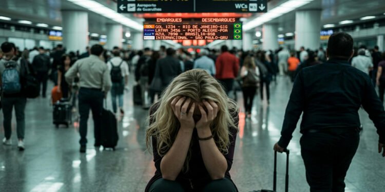Mulher loira sentada no chão de um aeroporto lotado, com o rosto escondido entre as mãos em sinal de desespero ou cansaço. Ao fundo, passageiros caminham entre painéis de voos desfocados.