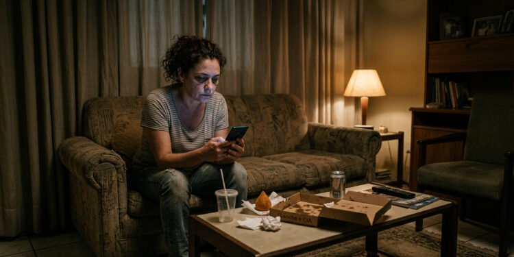 Isolamento social, sedentarismo, privação de sono e ultraprocessados reunidos em uma única cena. Neurologistas de Harvard e Stanford identificam esses quatro hábitos diários como os principais responsáveis pelo declínio cognitivo prematuro. — Imagem: Freepik / Gerada por IA (ilustrativa)