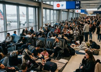 Milhares de passageiros retidos no terminal de Heathrow com malas e cobertores aguardando voos cancelados pela British Airways, KLM e Air France — imagem gerada por IA