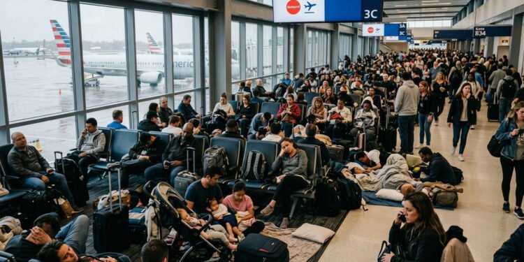 Milhares de passageiros retidos no terminal de Heathrow com malas e cobertores aguardando voos cancelados pela British Airways, KLM e Air France — imagem gerada por IA