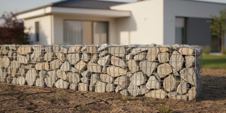 Por que paisagistas e arquitetos começaram a empilhar pedras soltas em gaiolas de arame para construir os muros das casas