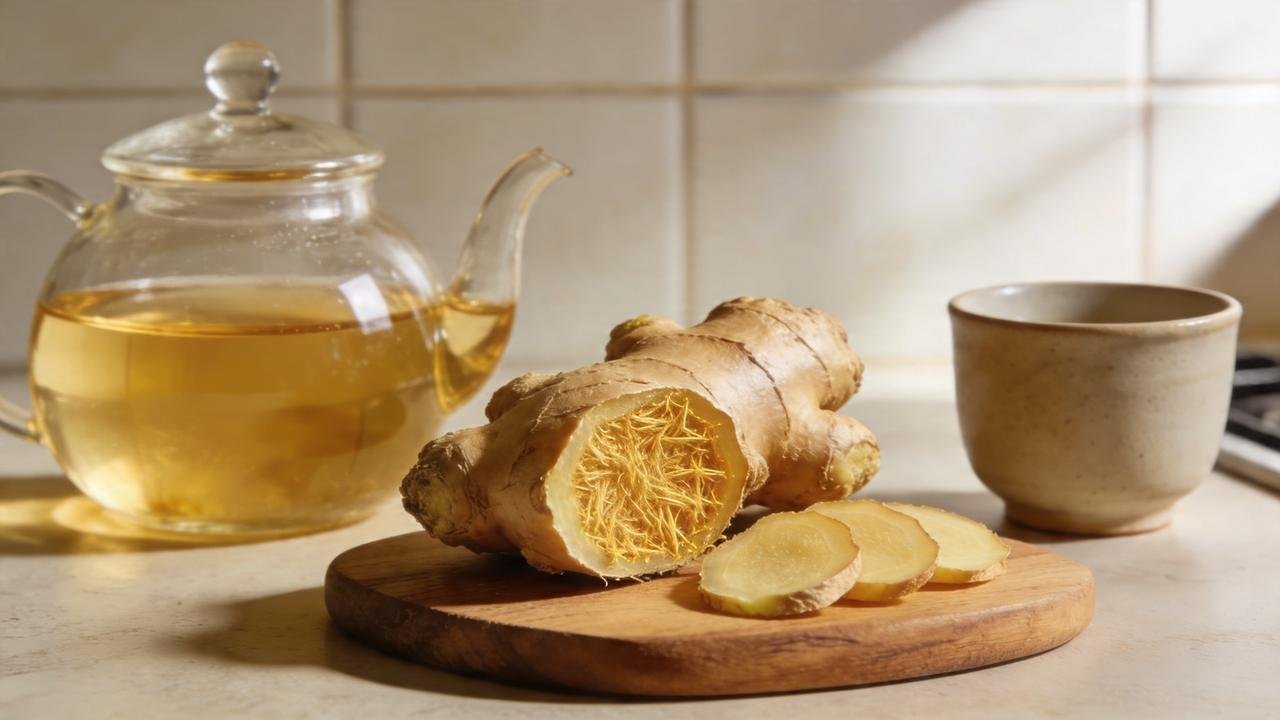 Raiz de gengibre e infusão destacam compostos bioativos ligados à saúde intestinal.