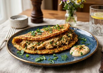 Zero carboidrato e rica em proteína, panqueca de frango leve e prática para o jantar