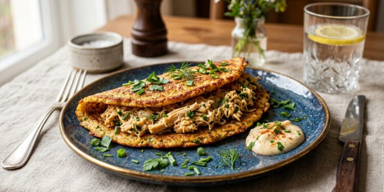 Zero carboidrato e rica em proteína, panqueca de frango leve e prática para o jantar