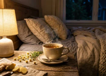 O chá morno de camomila com gengibre que ajuda a reduzir a ansiedade e relaxar o corpo à noite