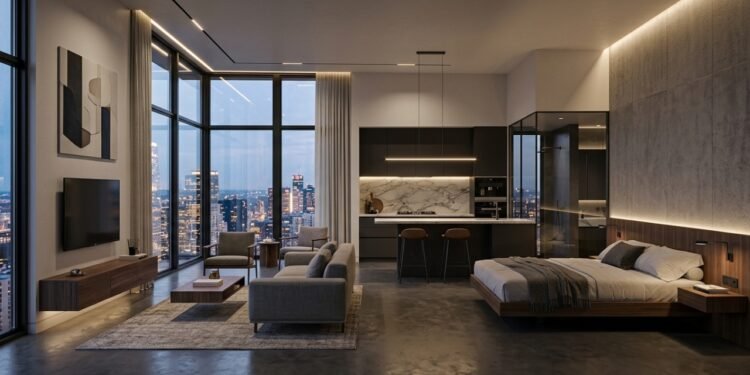 Este projeto de 45 m2 elimina paredes internas e aposta em móveis flutuantes para criar um apartamento compacto com cara de cobertura de luxo