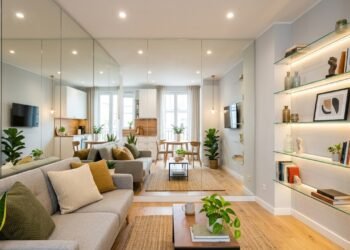 Espelho de parede inteira, prateleiras de vidro temperado e fitas de LED de alto IRC se juntam para formar um ambiente mais expansivo o que muda na percepção visual de apartamentos com menos de 40 m2