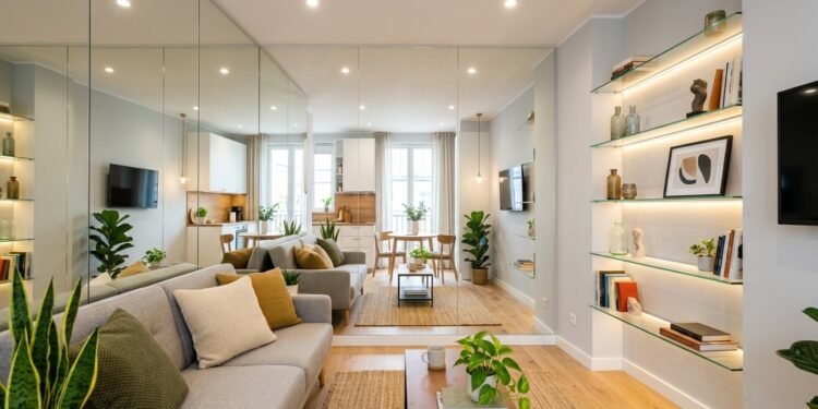 Espelho de parede inteira, prateleiras de vidro temperado e fitas de LED de alto IRC se juntam para formar um ambiente mais expansivo o que muda na percepção visual de apartamentos com menos de 40 m2