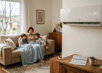 Família aconchegada em sala de estar aquecida por um ar-condicionado split no modo quente durante o inverno