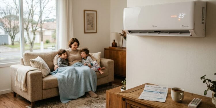 Família aconchegada em sala de estar aquecida por um ar-condicionado split no modo quente durante o inverno