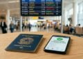 Passaporte brasileiro e celular com autorização de viagem aprovada sobre mesa em aeroporto