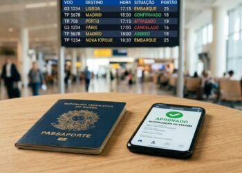 Passaporte brasileiro e celular com autorização de viagem aprovada sobre mesa em aeroporto