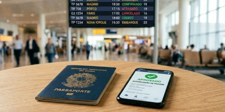 Passaporte brasileiro e celular com autorização de viagem aprovada sobre mesa em aeroporto