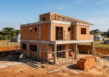 Casa de padrão médio em construção no Brasil com paredes de alvenaria erguidas