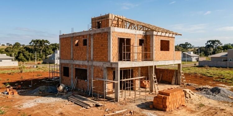 Casa de padrão médio em construção no Brasil com paredes de alvenaria erguidas