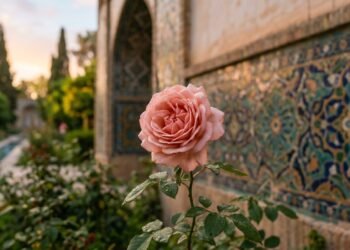 Flor de roseira desabrochando ao amanhecer em um jardim persa com azulejos ornamentais ao fundo