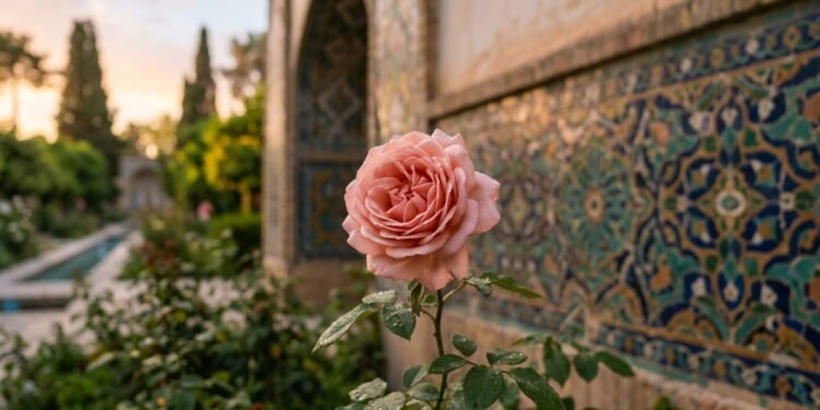Flor de roseira desabrochando ao amanhecer em um jardim persa com azulejos ornamentais ao fundo